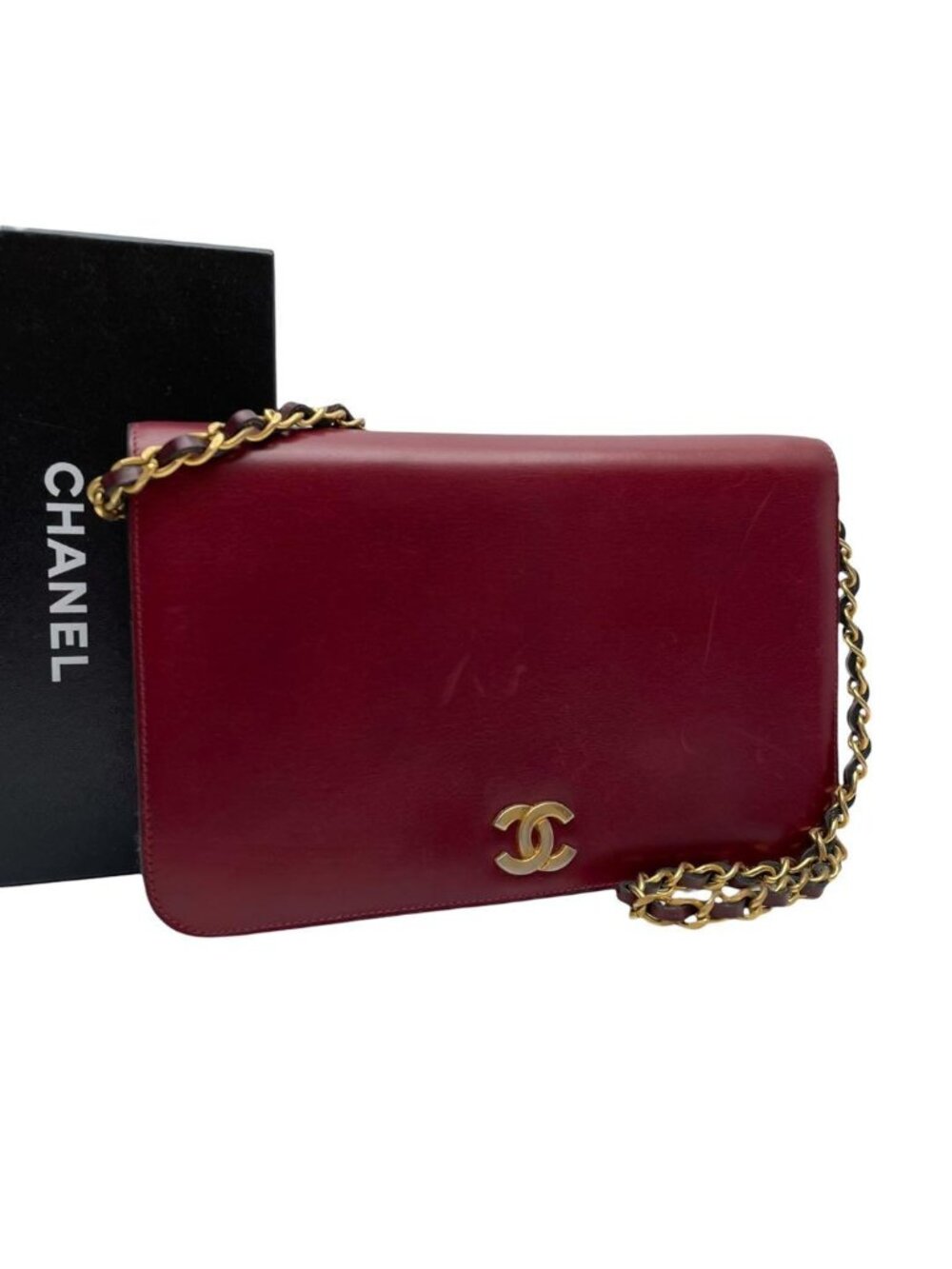 Chanel Leather CC Logo Chain Shoulder Bag Bordeaux Red